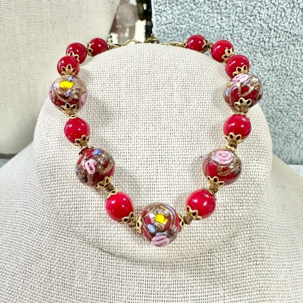 Vintage Made in Italy Venetian RED Wedding Cake Bracelet Glass Beaded